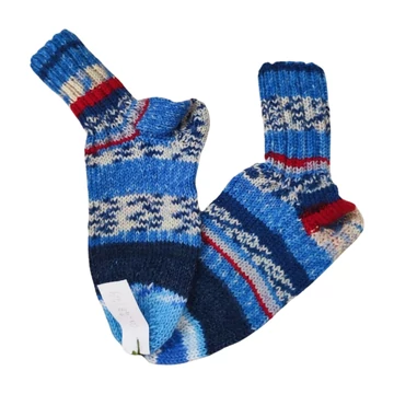 Sötétkék csíkos kézzel kötött fiú vastagzokni (méret: 28/29)