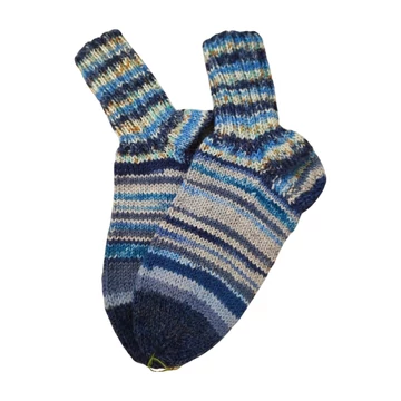 Sötétkék csíkos kézzel kötött fiú vastagzokni (méret: 29/30)