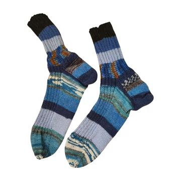 Sötétkék csíkos kézzel kötött férfi vastagzokni (méret: 42/43)