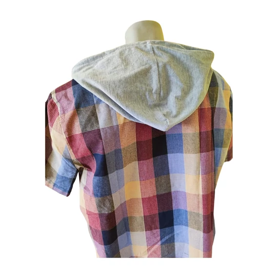 Shein kék kockás kapucnis rövid ujjú férfi ing 