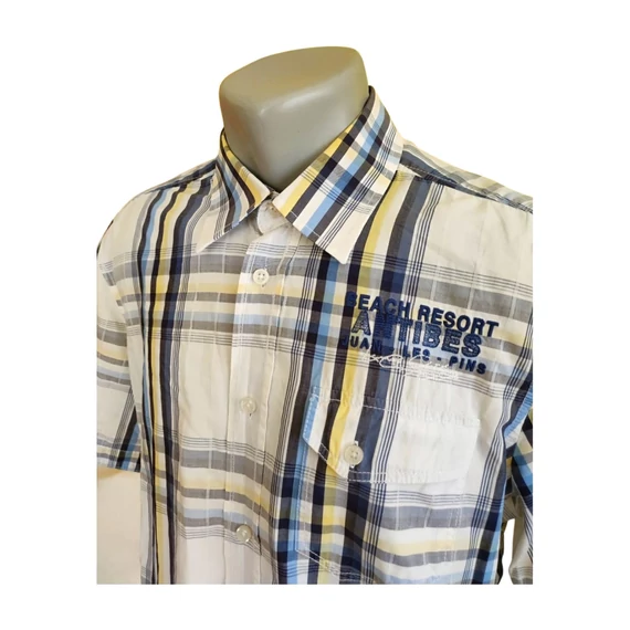 Lerros sötétkék és sárga kockás rövid ujjú férfi ing 